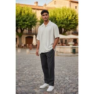 Centro Men's White Button-Up Short Sleeve Shirt Fancy Medium V2